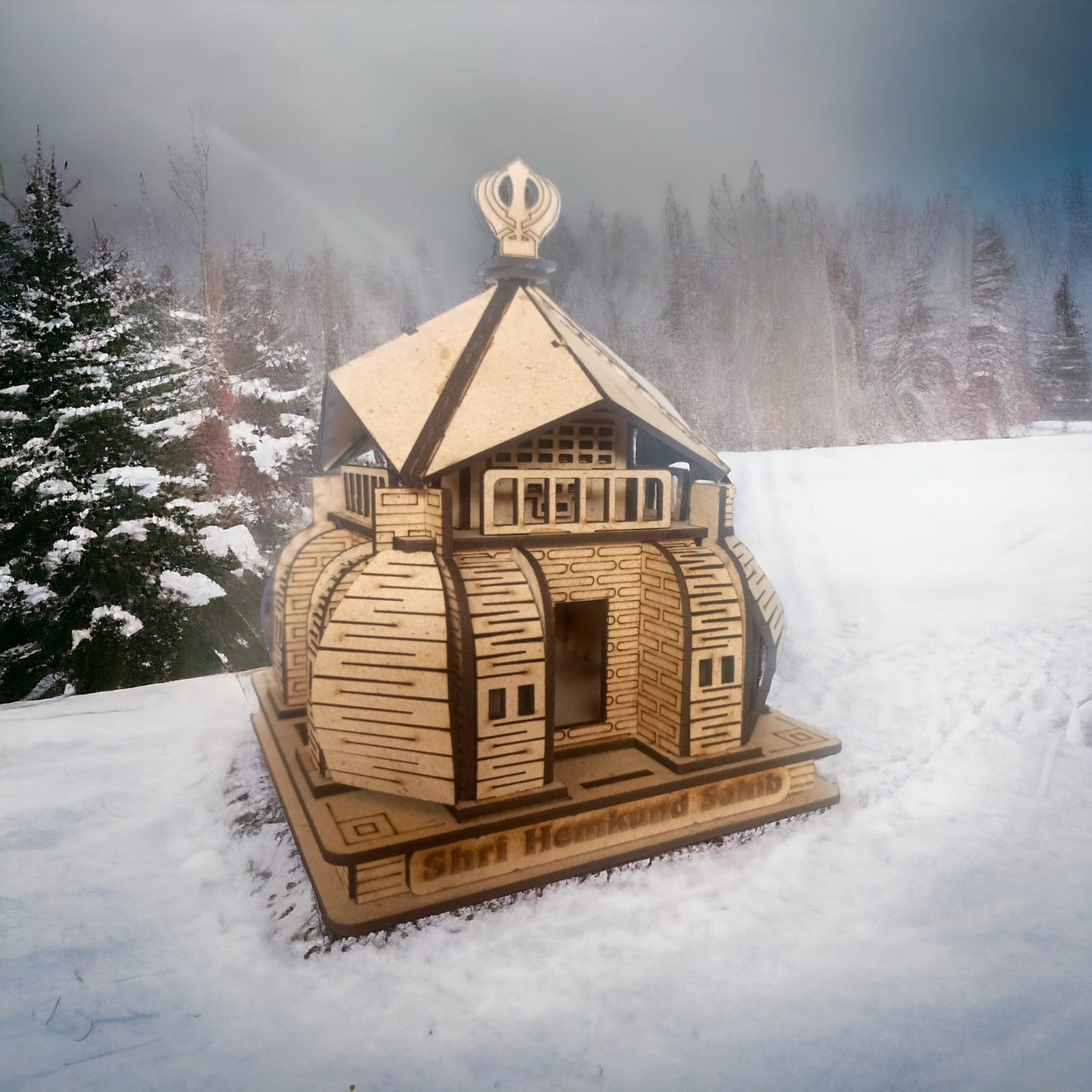 Hemkund Sahib Temple -Hand Crafted Wooden 3D Replica