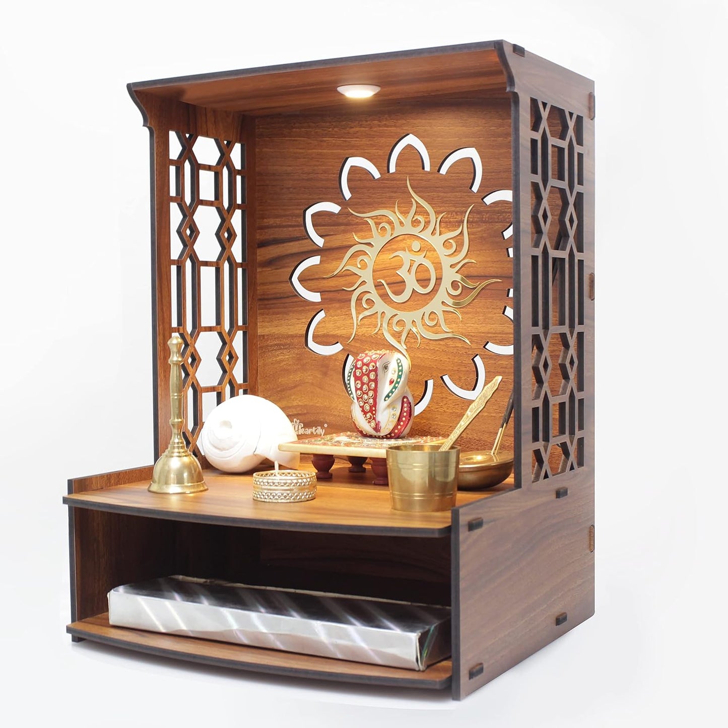 Beautiful Wooden Pooja Stand for Home Pooja Mandir for Home Temple for Home and Office Puja Mandir for Home Wall Mounted with LED Spot Light Size -HT1