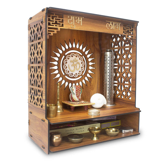 Beautiful Wooden Pooja Stand for Home Pooja Mandir for Home Temple for Home and Office Puja Mandir for Home Wall Mounted with LED Spot Light Size -HT10