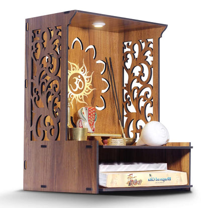 Beautiful Wooden Pooja Stand for Home Pooja Mandir for Home Temple for Home and Office Puja Mandir for Home Wall Mounted with LED Spot Light Size -HT3