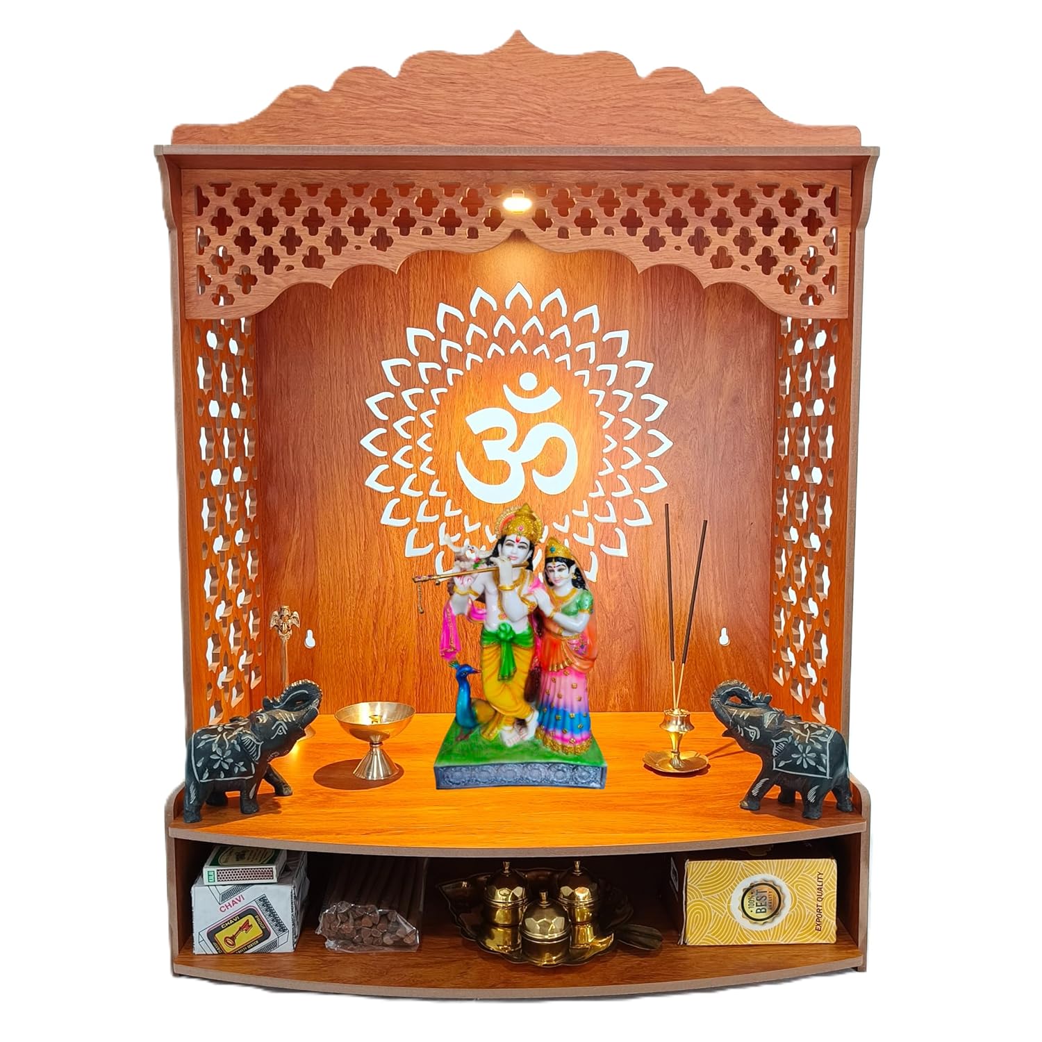 Beautiful Wooden Pooja Stand for Home Pooja Mandir for Home Temple for Home and Office Puja Mandir for Home Wall Mounted with LED Spot Light Size -HT6