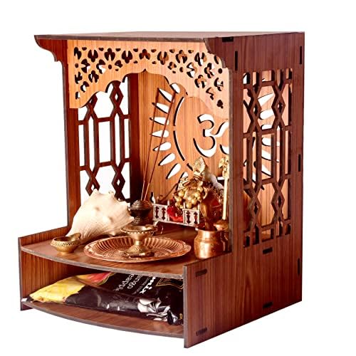 Beautiful Wooden Pooja Stand for Home Pooja Mandir for Home Temple for Home and Office Puja Mandir for Home Wall Mounted with LED Spot Light Size -HT5