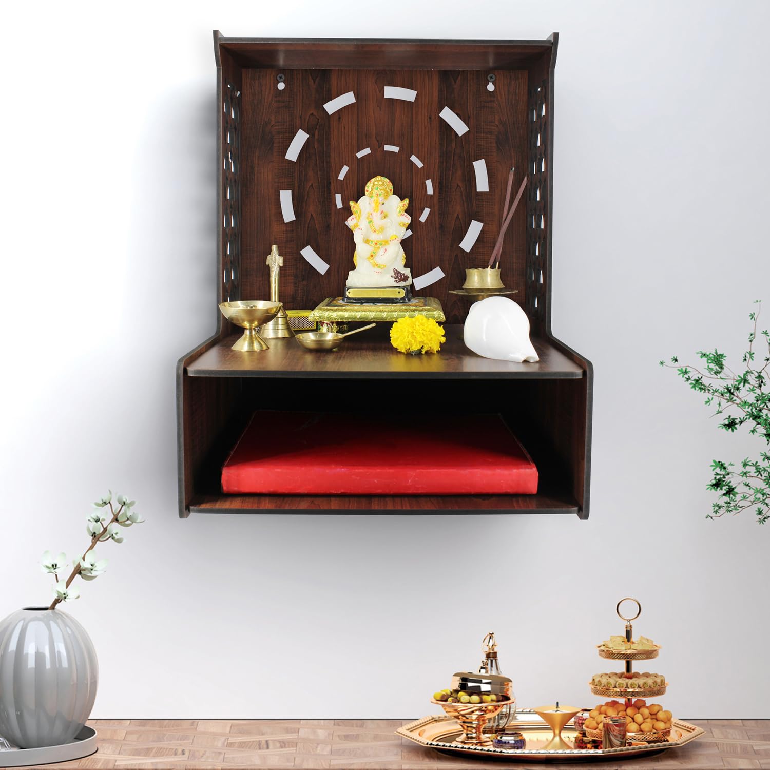 Beautiful Wooden Pooja Stand for Home Pooja Mandir for Home Temple for Home and Office Puja Mandir for Home Wall Mounted with LED Spot Light Size -HT11