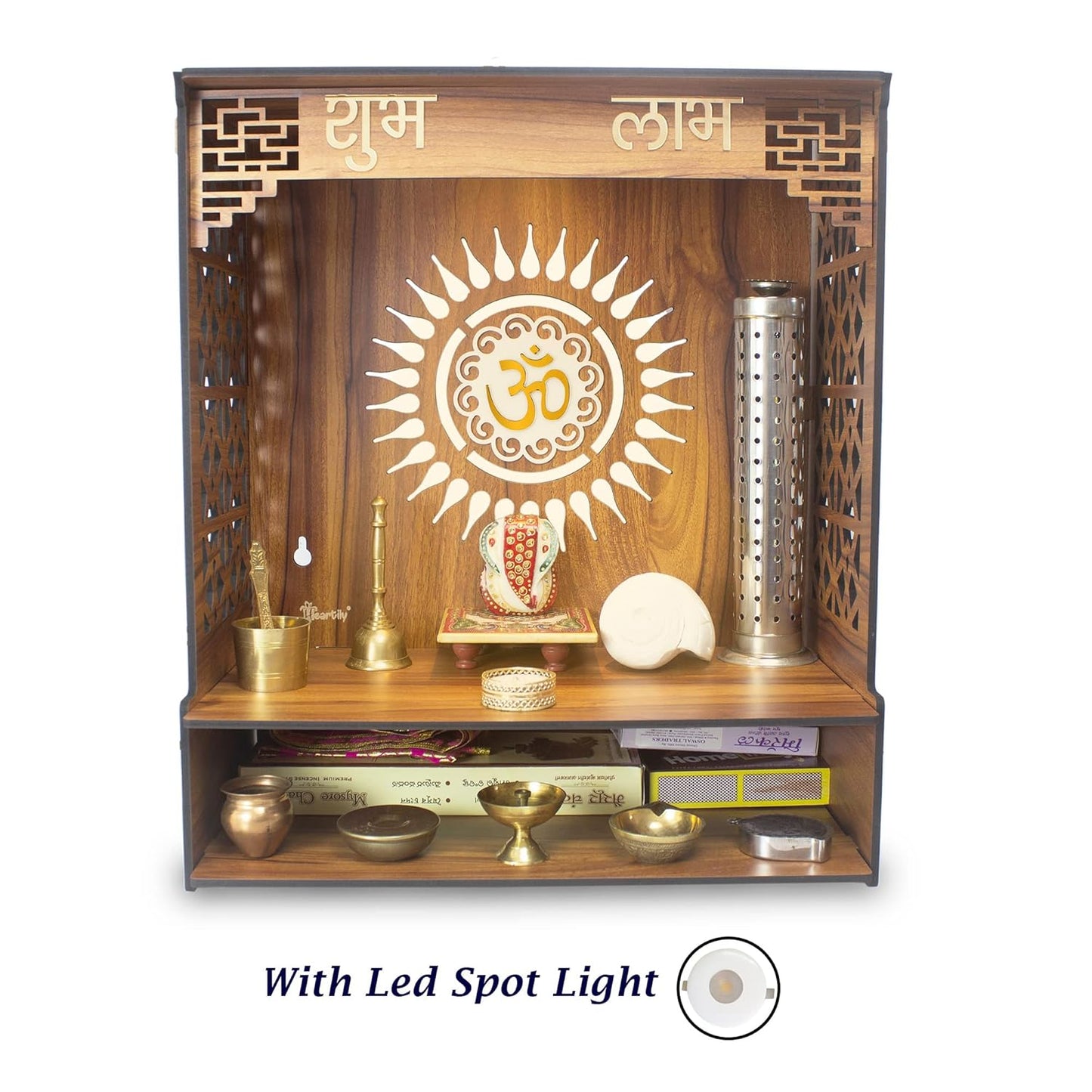 Beautiful Wooden Pooja Stand for Home Pooja Mandir for Home Temple for Home and Office Puja Mandir for Home Wall Mounted with LED Spot Light Size -HT10