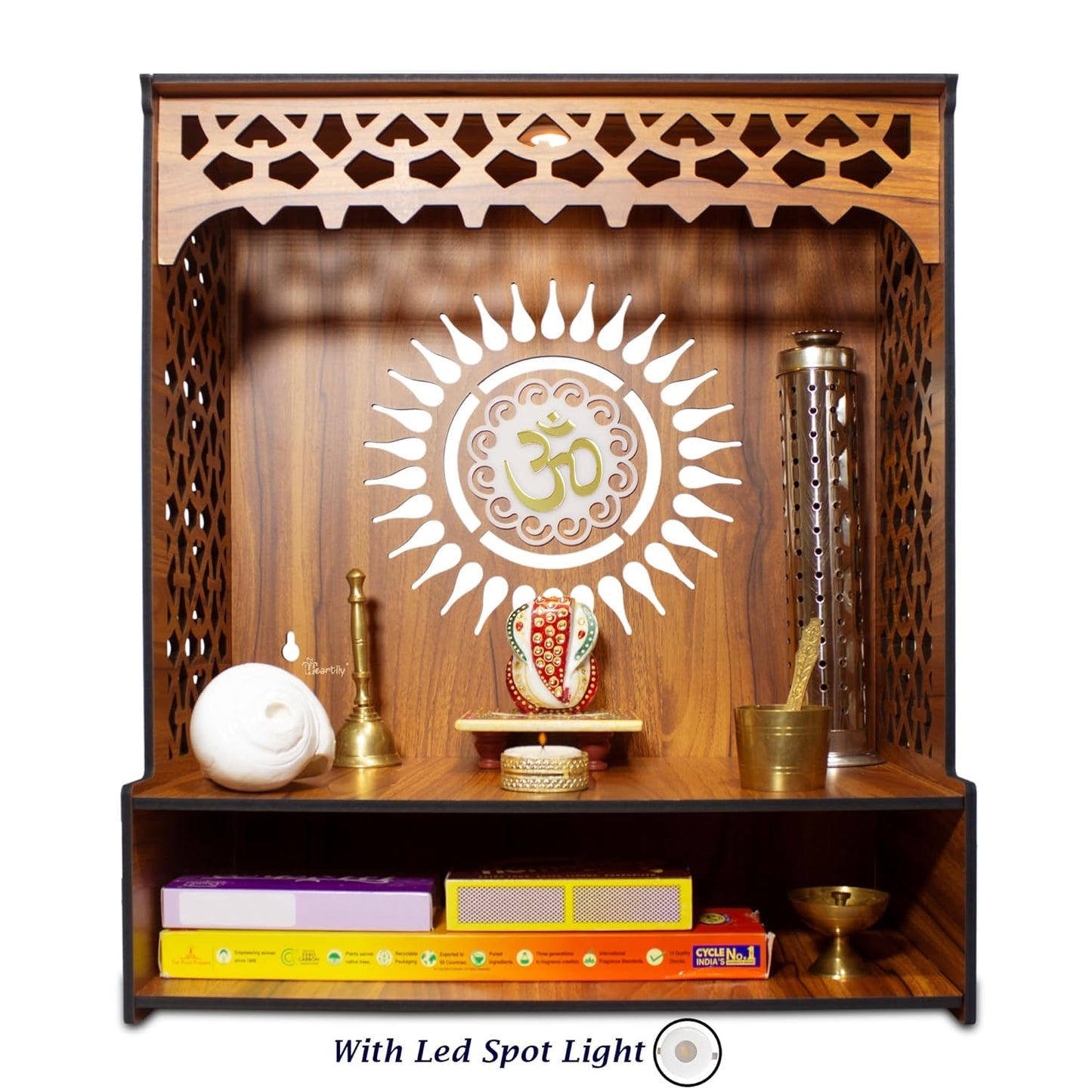 Beautiful Wooden Pooja Stand for Home Pooja Mandir for Home Temple for Home and Office Puja Mandir for Home Wall Mounted with LED Spot Light Size -HT9