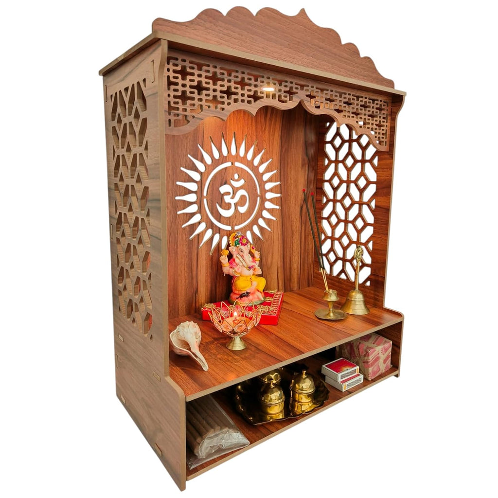 Beautiful Wooden Pooja Stand for Home Pooja Mandir for Home Temple for Home and Office Puja Mandir for Home Wall Mounted with LED Spot Light Size -HT7