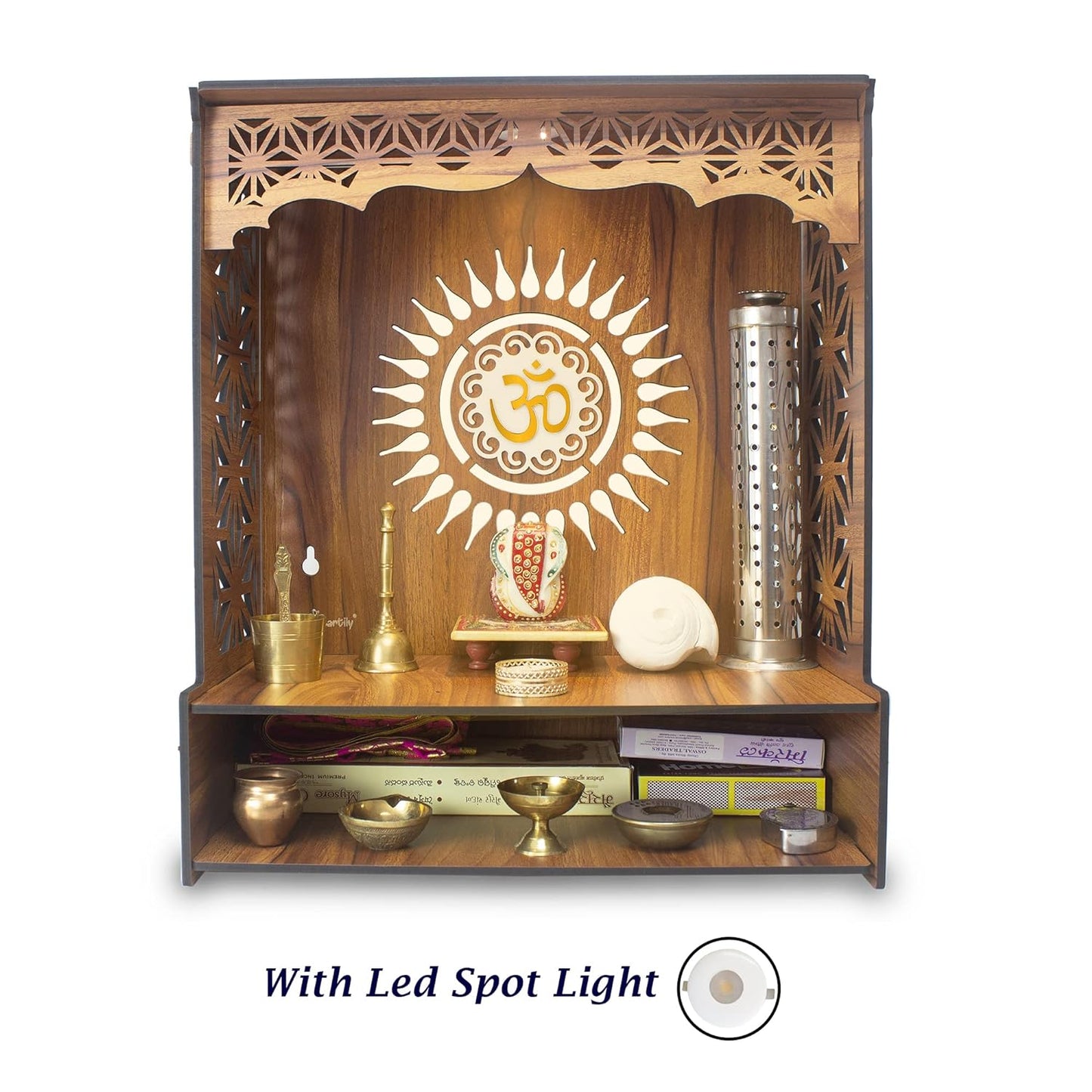 Beautiful Wooden Pooja Stand for Home Pooja Mandir for Home Temple for Home and Office Puja Mandir for Home Wall Mounted with LED Spot Light Size -HT2