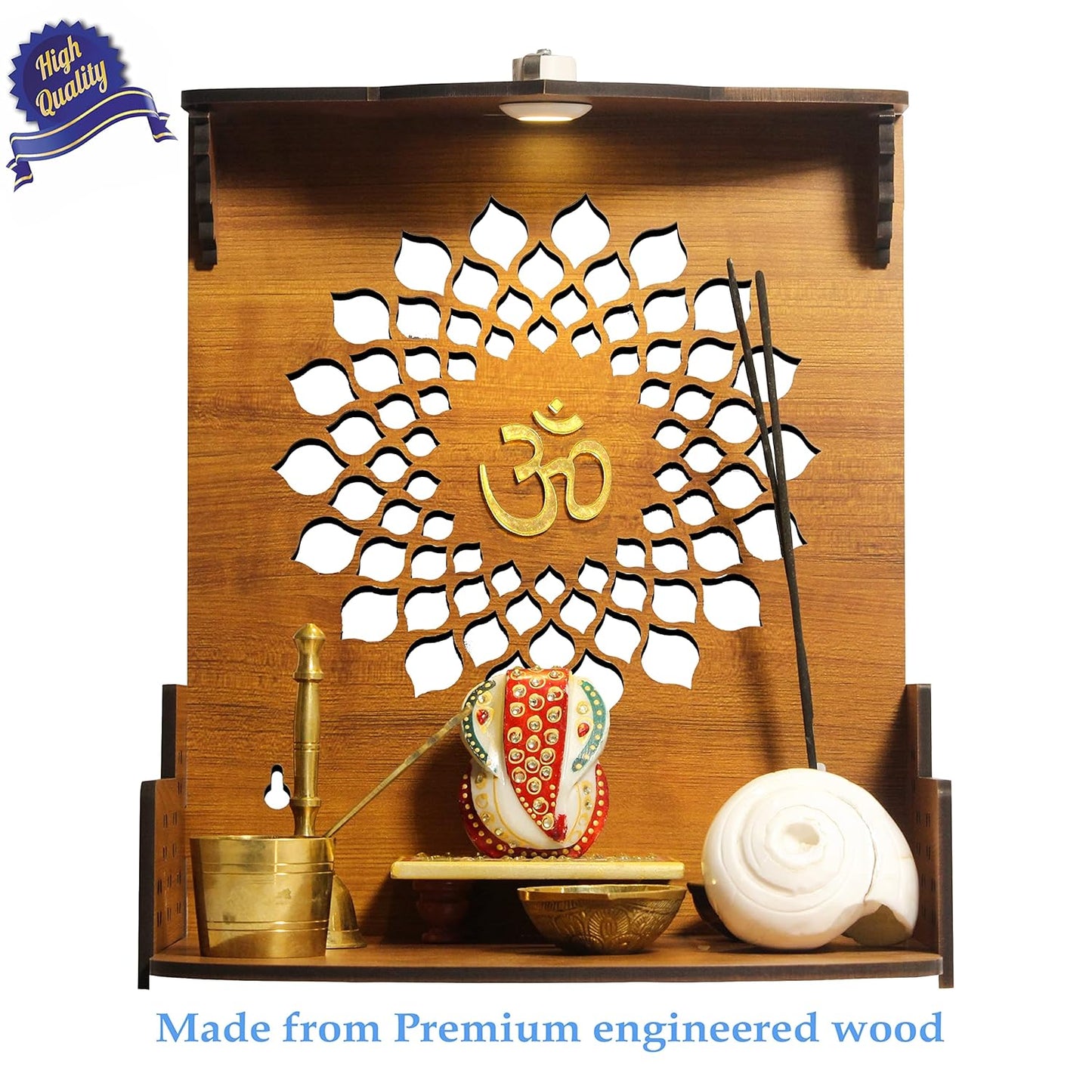 Beautiful Wooden Pooja Stand for Home Pooja Mandir for Home Temple for Home and Office Puja Mandir for Home Wall Mounted with LED Spot Light Size -HT8