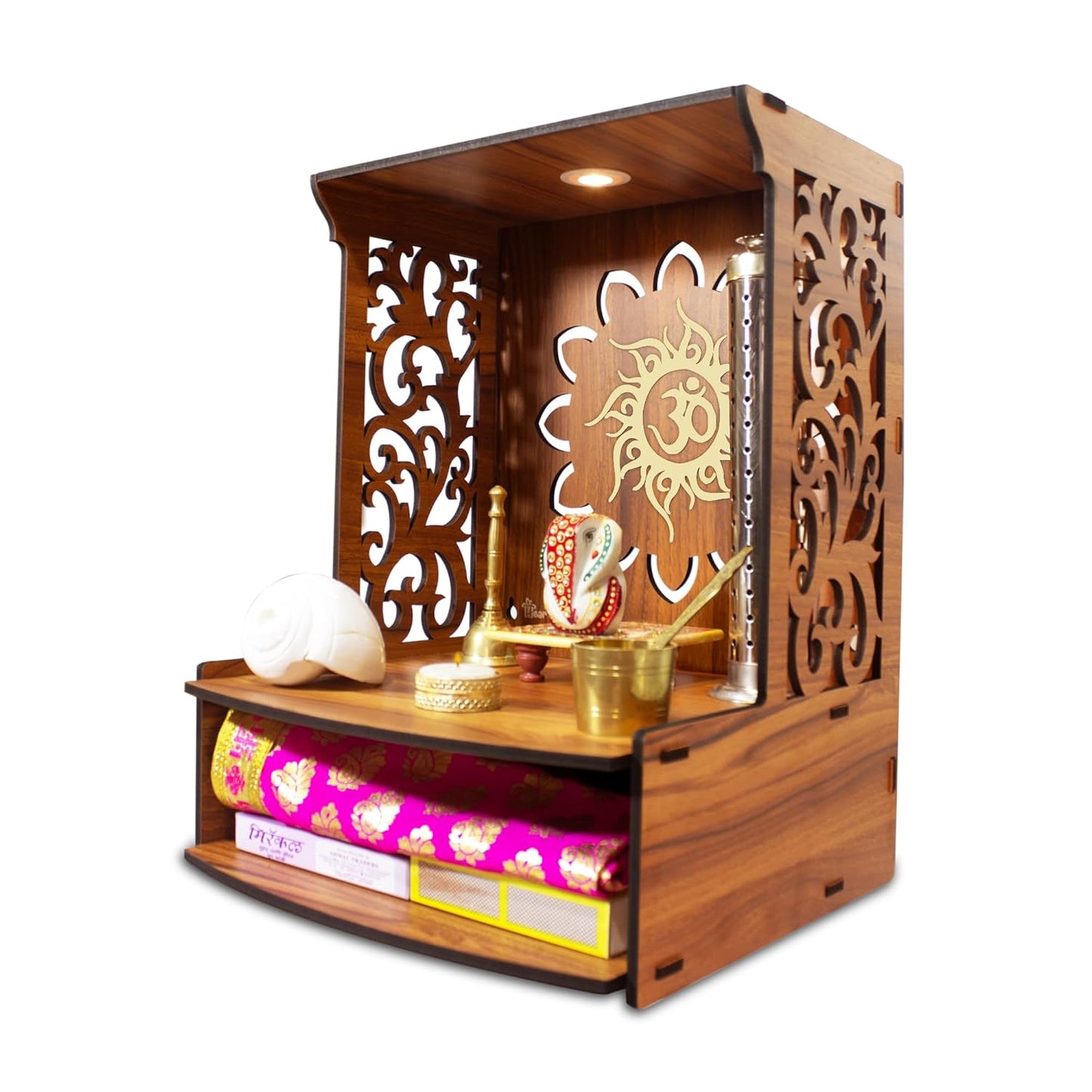 Beautiful Wooden Pooja Stand for Home Pooja Mandir for Home Temple for Home and Office Puja Mandir for Home Wall Mounted with LED Spot Light Size -HT3