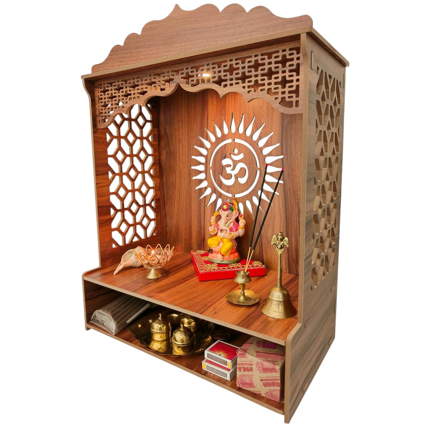 Beautiful Wooden Pooja Stand for Home Pooja Mandir for Home Temple for Home and Office Puja Mandir for Home Wall Mounted with LED Spot Light Size -HT7