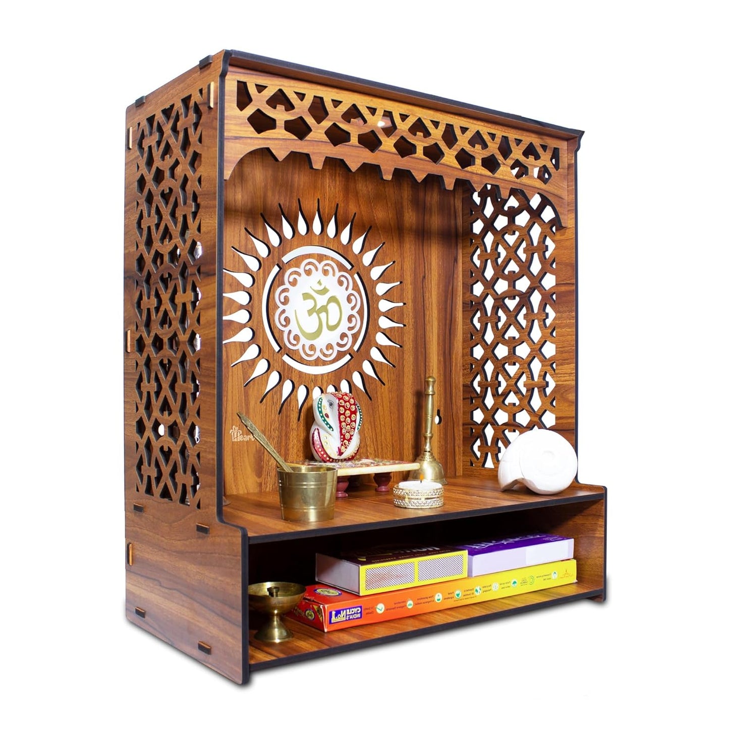 Beautiful Wooden Pooja Stand for Home Pooja Mandir for Home Temple for Home and Office Puja Mandir for Home Wall Mounted with LED Spot Light Size -HT9