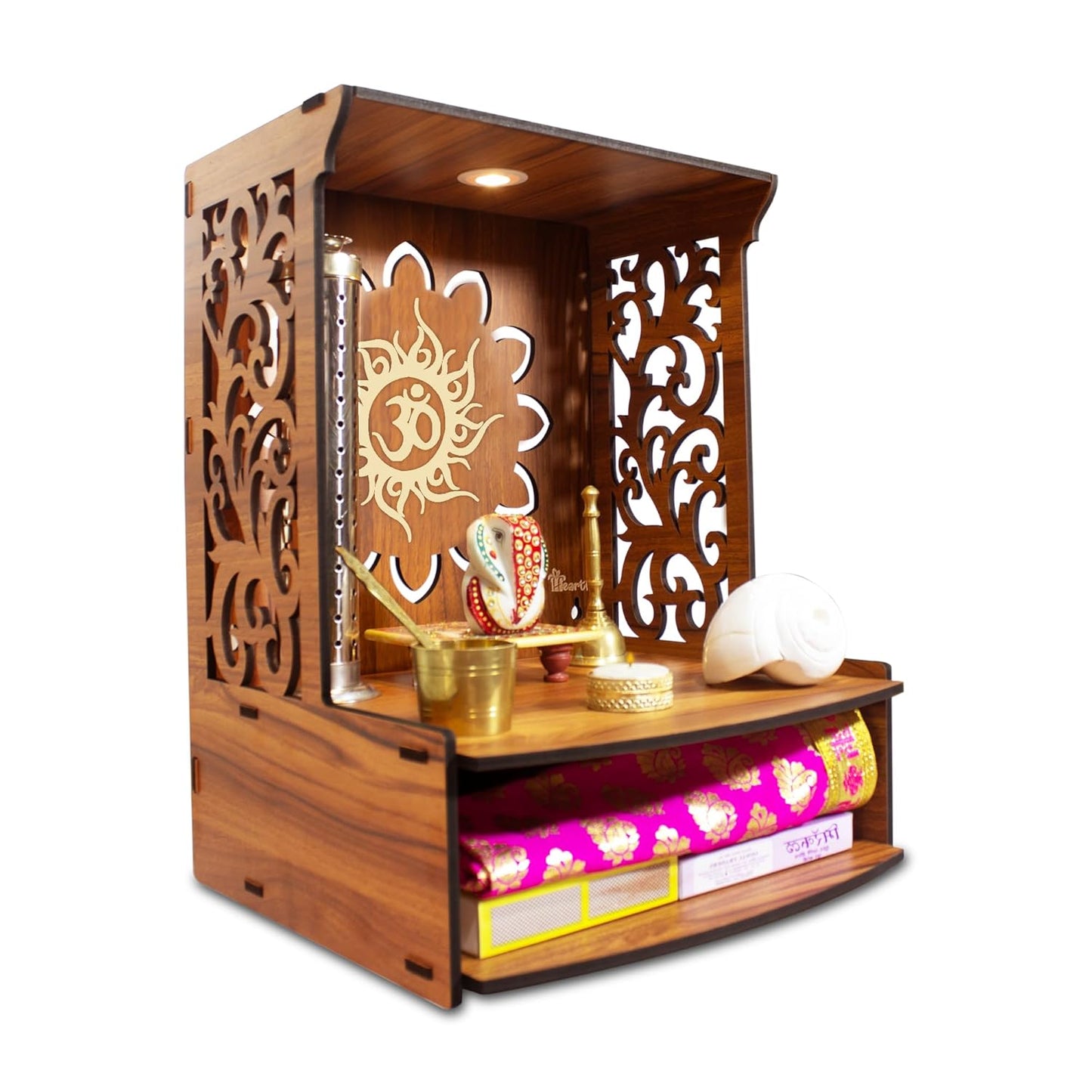 Beautiful Wooden Pooja Stand for Home Pooja Mandir for Home Temple for Home and Office Puja Mandir for Home Wall Mounted with LED Spot Light Size -HT3