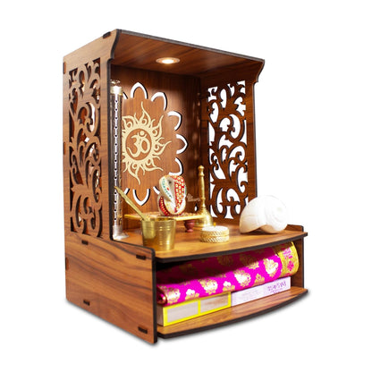 Beautiful Wooden Pooja Stand for Home Pooja Mandir for Home Temple for Home and Office Puja Mandir for Home Wall Mounted with LED Spot Light Size -HT3