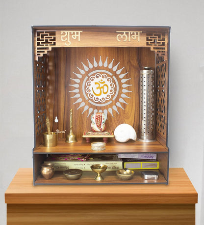 Beautiful Wooden Pooja Stand for Home Pooja Mandir for Home Temple for Home and Office Puja Mandir for Home Wall Mounted with LED Spot Light Size -HT10