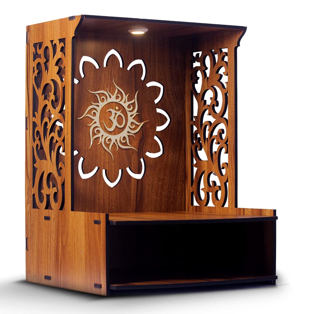 Beautiful Wooden Pooja Stand for Home Pooja Mandir for Home Temple for Home and Office Puja Mandir for Home Wall Mounted with LED Spot Light Size -HT3